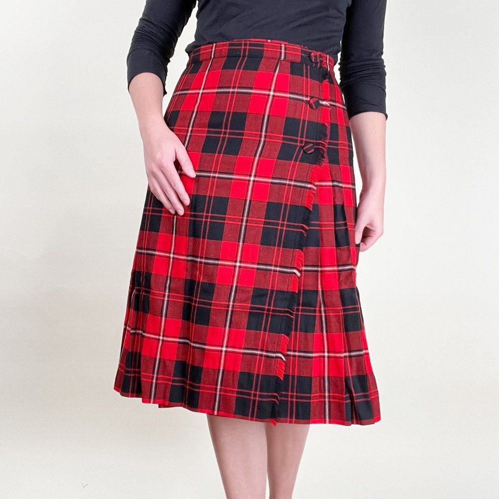 Vintage Plaid 100% Wool High Rise Midi Skirt Pleated Preppy Academia Tartan Kilt - Picture 1 of 9